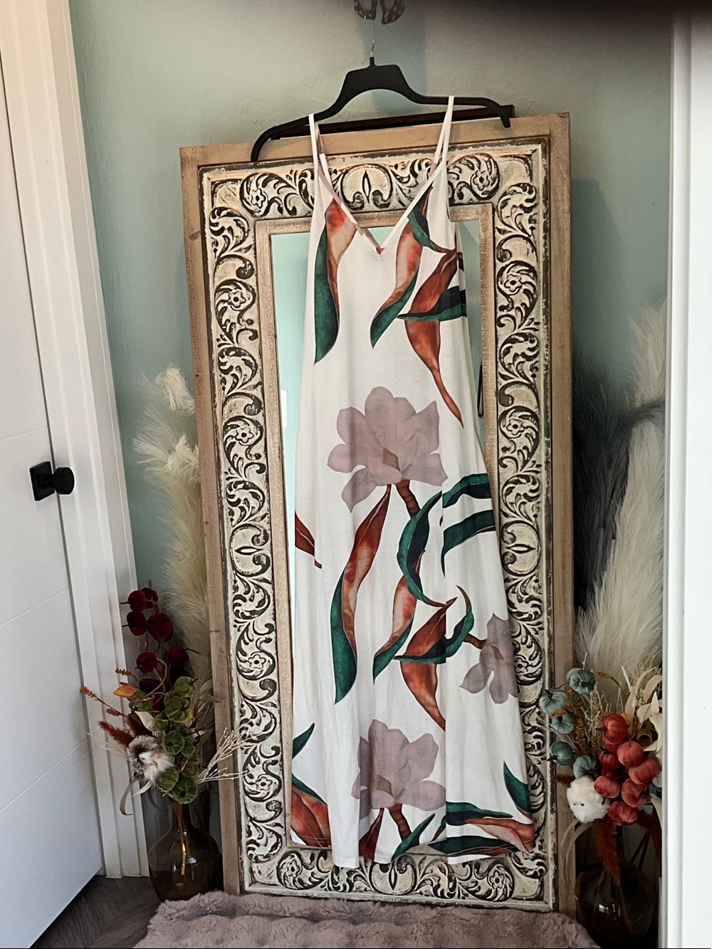 White Floral Slip Maxi Dress with Green & Rust Leaves